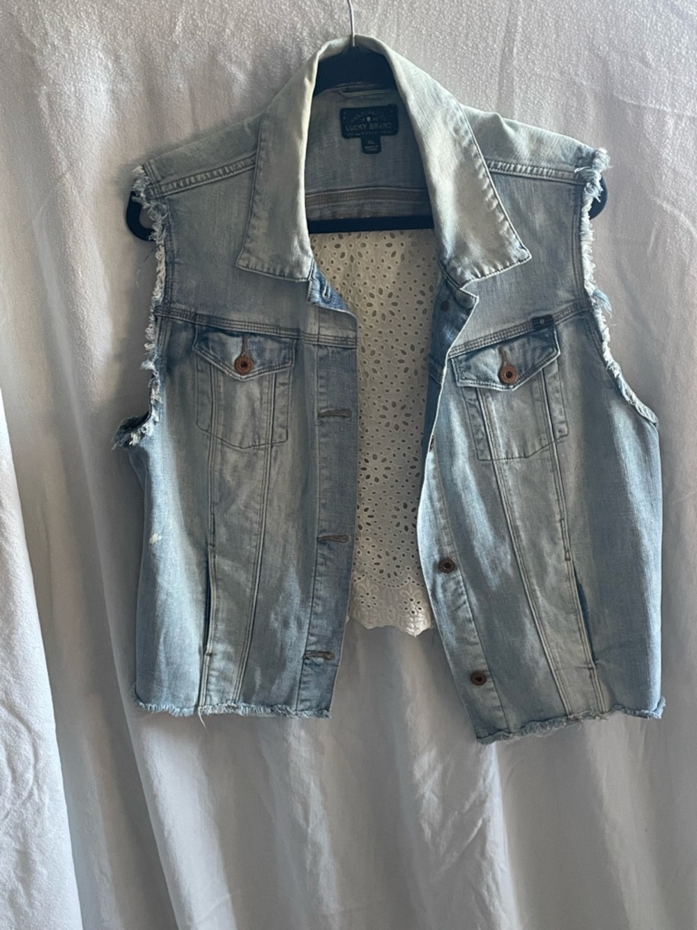 Lucky Brand Light Blue Distressed Denim Vest